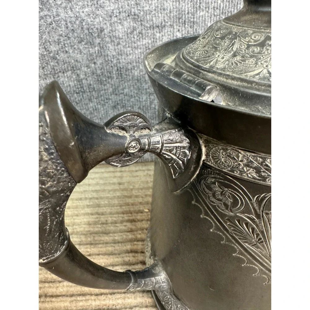 Antique Victorian Silver Plate Engraved Coffee Pot Ornate Floral Scroll Teapot